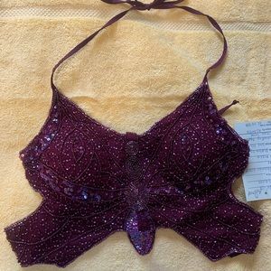 Backless Butterfly Beaded Maroon Top